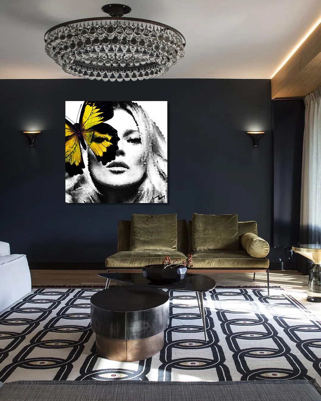 48” x 48” Max created “mystery of fashion” series using photorealism technique to create the image of the fashion icon, Kate Moss that represents the edge of fashion, and added the unique metallic transparent butteflies to symbolize freedom, and mysteries in high-end fashion industry. Created on wooden panel, layered with resin, diamond dust and crystals, this piece is finished with the “Max Jamali Original” art logo, hand crafted from green snake skin.
