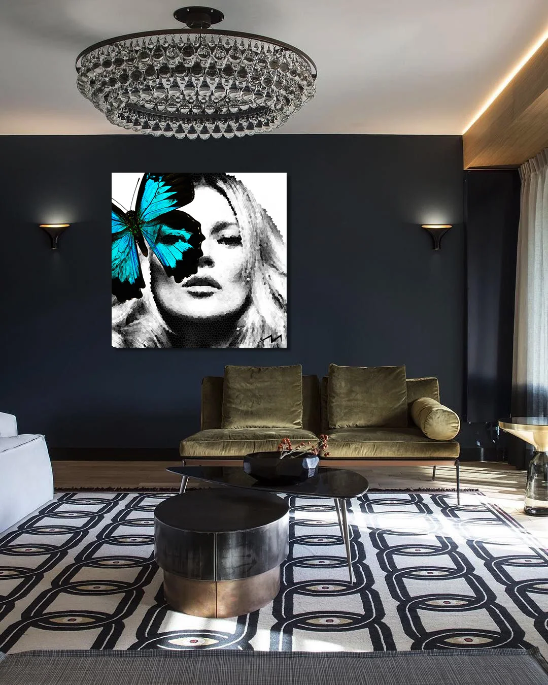 48” x 48” Max created “mystery of fashion” series using photorealism technique to create the image of the fashion icon, Kate Moss that represents the edge of fashion, and added the unique metallic transparent butteflies to symbolize freedom, and mysteries in high-end fashion industry. Created on wooden panel, layered with resin, diamond dust and crystals, this piece is finished with the “Max Jamali Original” art logo, hand crafted from blue snake skin.