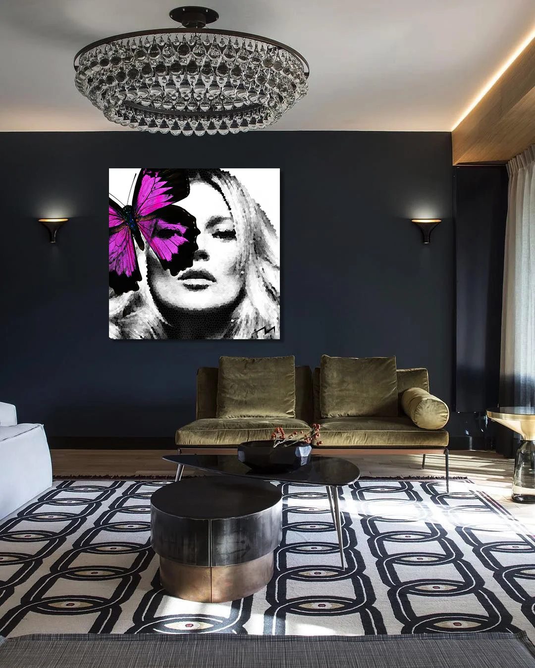 48” x 48” Max created “mystery of fashion” series using photorealism technique to create the image of the fashion icon, Kate Moss that represents the edge of fashion, and added the unique metallic transparent butteflies to symbolize freedom, and mysteries in high-end fashion industry. Created on wooden panel, layered with resin, diamond dust and crystals, this piece is finished with the “Max Jamali Original” art logo, hand crafted from red snake skin.