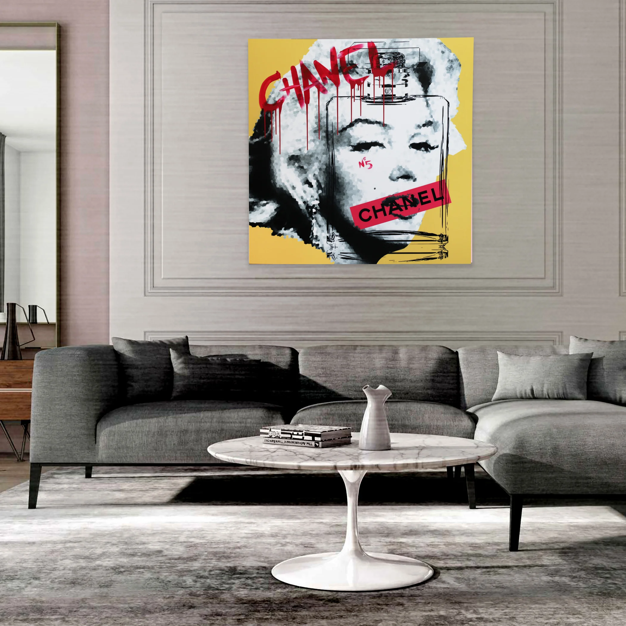 “DREAMING IN CHANEL” - 48” x 48” Photorealism Technique on Wooden Panel, covered with Resin, Diamond Dust and 7000 Crystals.