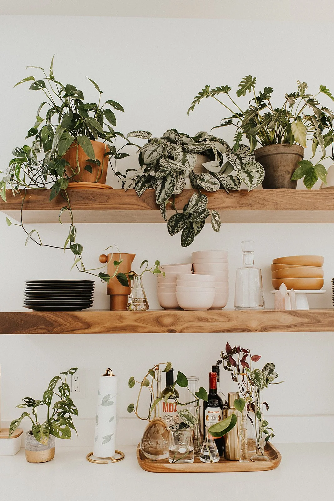 Styled interior product photography featuring floating wood shelves with trailing houseplants, white ceramic tableware, glassware, and a curated bar cart with cocktail ingredients. Clean, minimalist lifestyle photography perfect for home goods brands