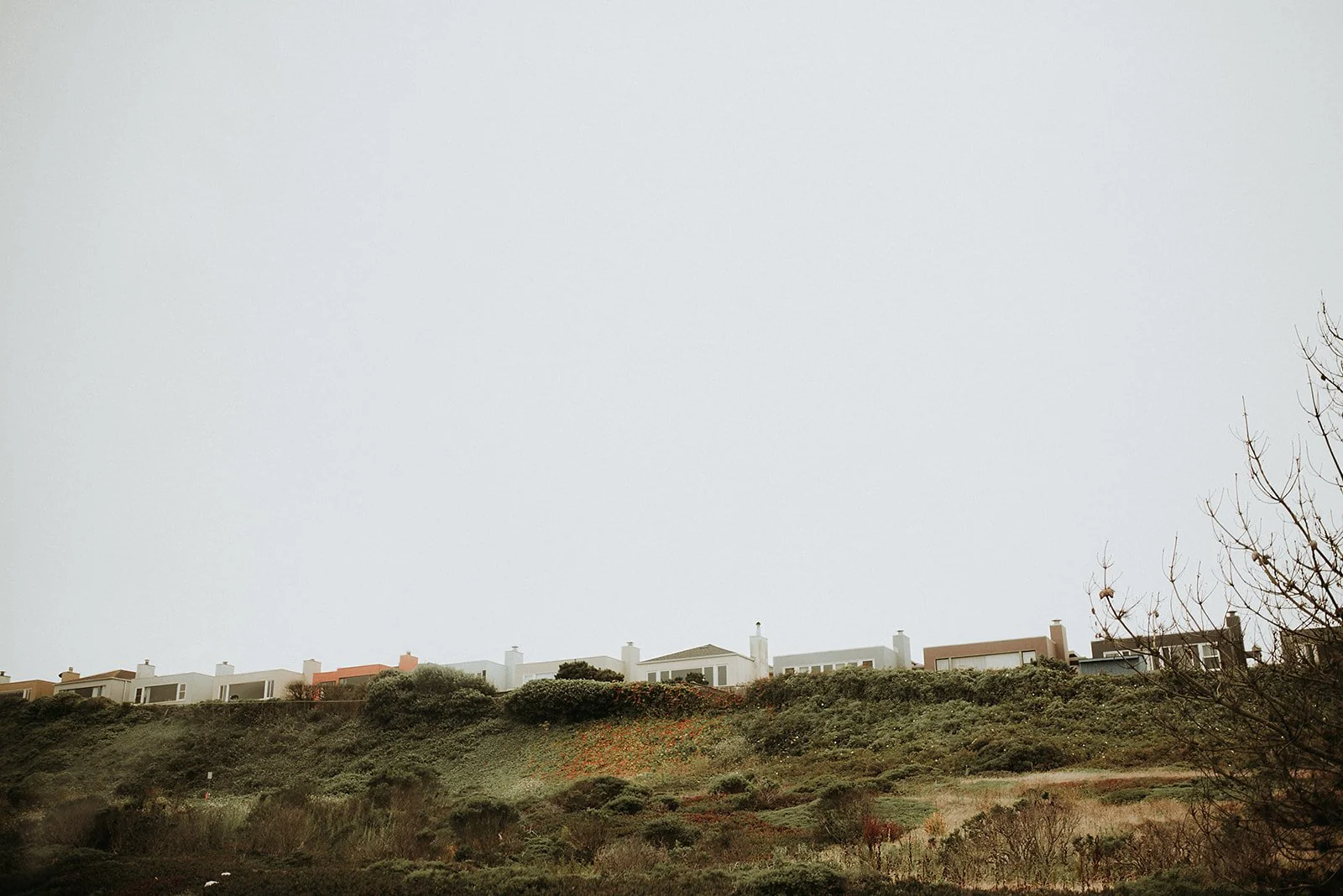 Moody coastal landscape photography featuring rugged bluffs, wild scrub vegetation, and beachside homes under an overcast sky. Atmospheric location photography ideal for travel brands, lifestyle campaigns, and editorial features seeking authentic coa