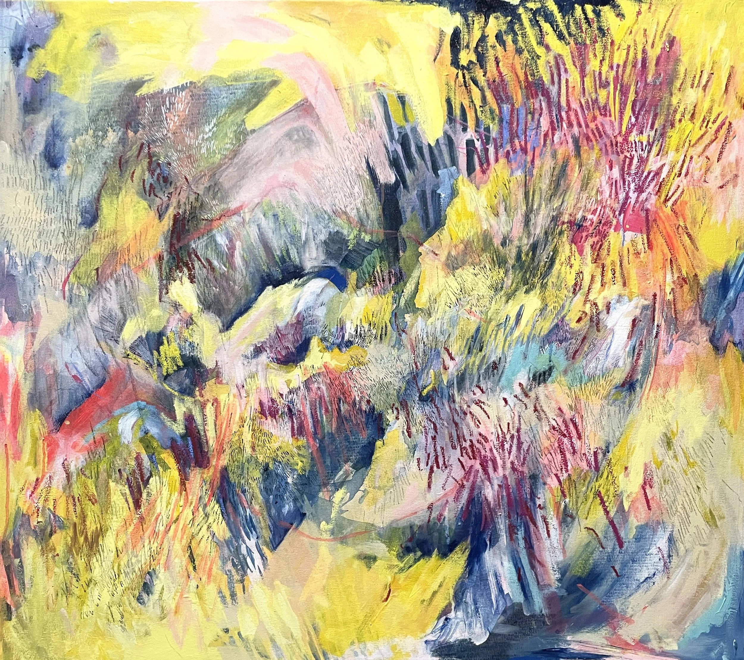 "It's a Feeling, It's Scary and It's Bright"
 | Mixed media on canvas
 | 35in x 37in