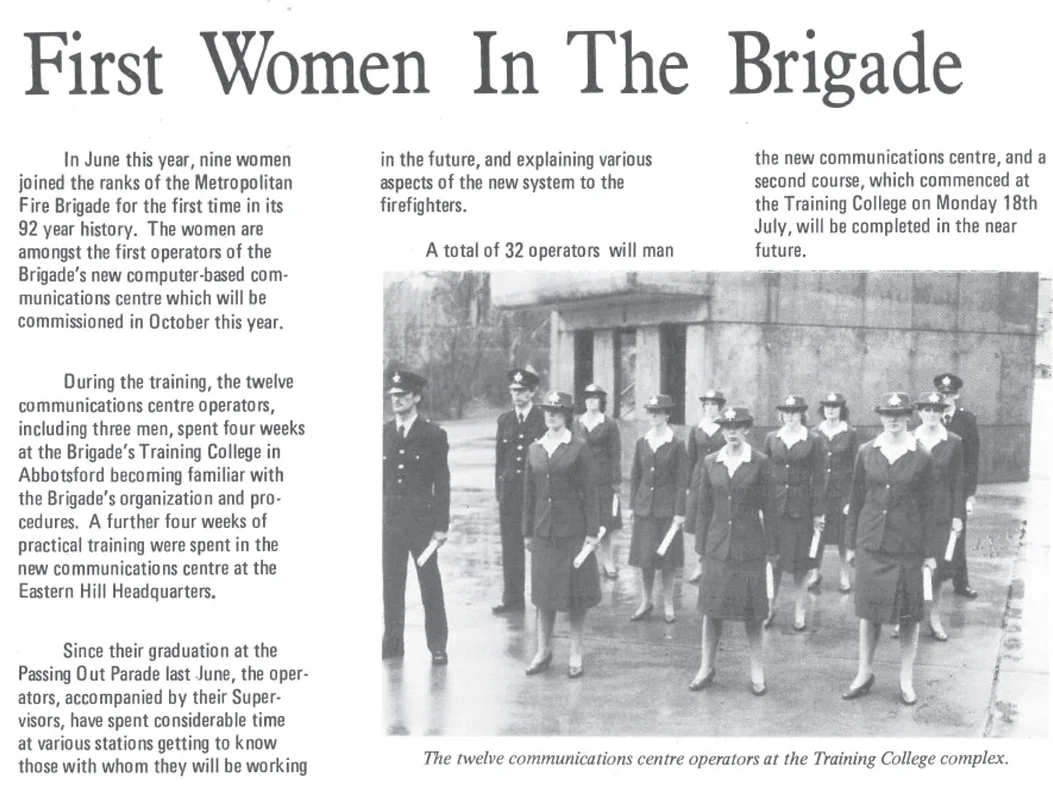 Newspaper reports on the historic occasion of the first graduation of women operatives said many of the firefighters felt that ‘the girls added a bit of colour to the brigade’.