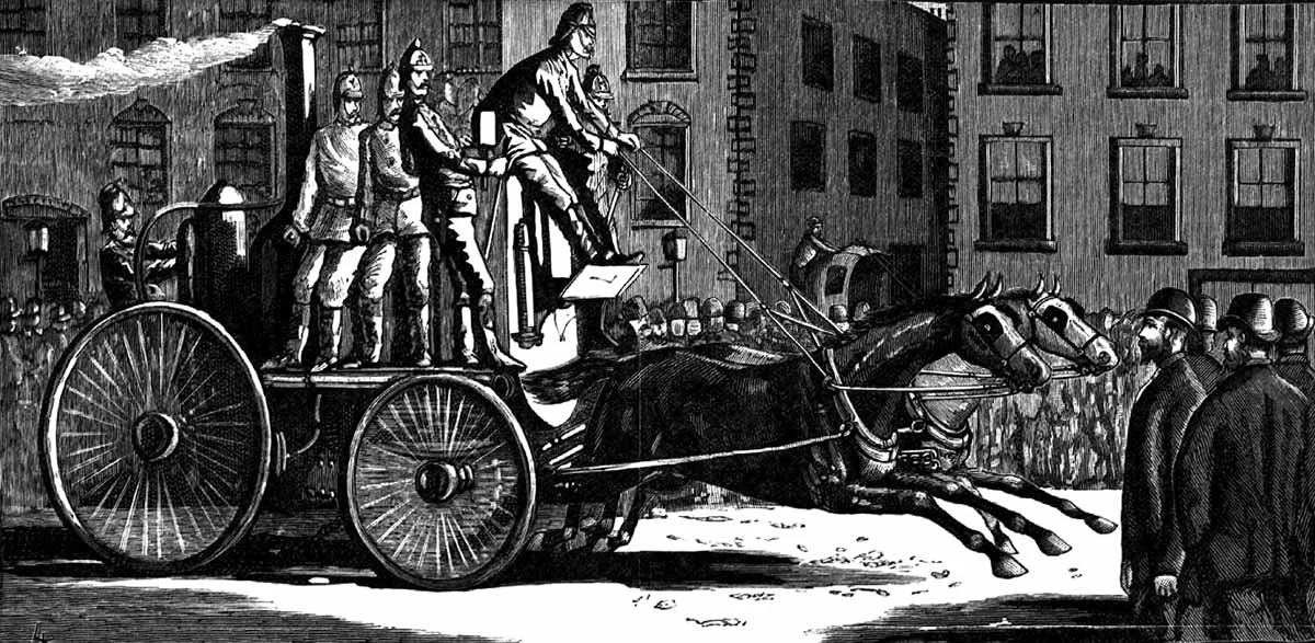 Detail ‘On the Way’, The Central Fire Station, Melbourne 1889. A/S16/05/89/72, State Library Victoria.