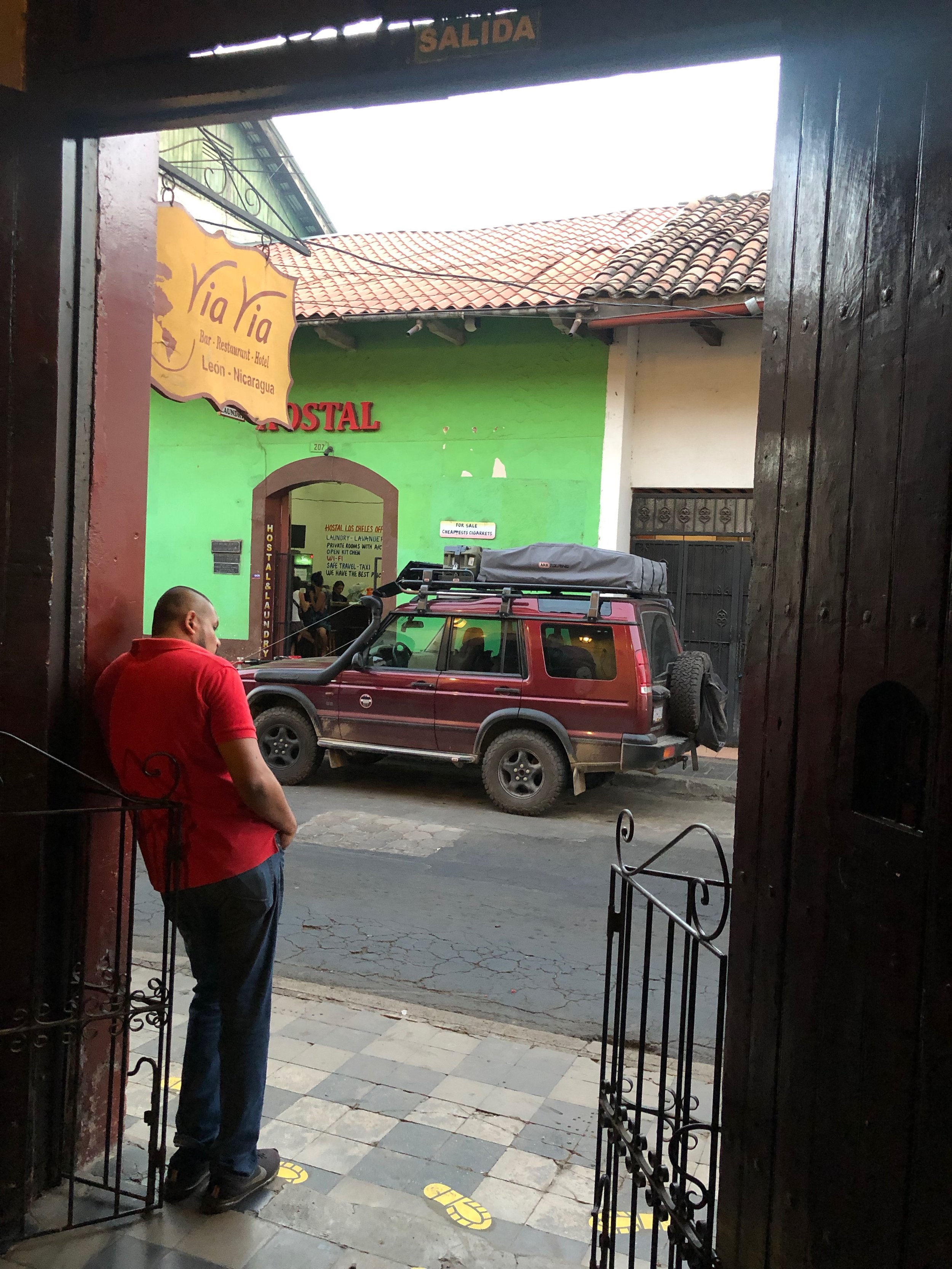 Keeping an eye on my car from the hostel bar