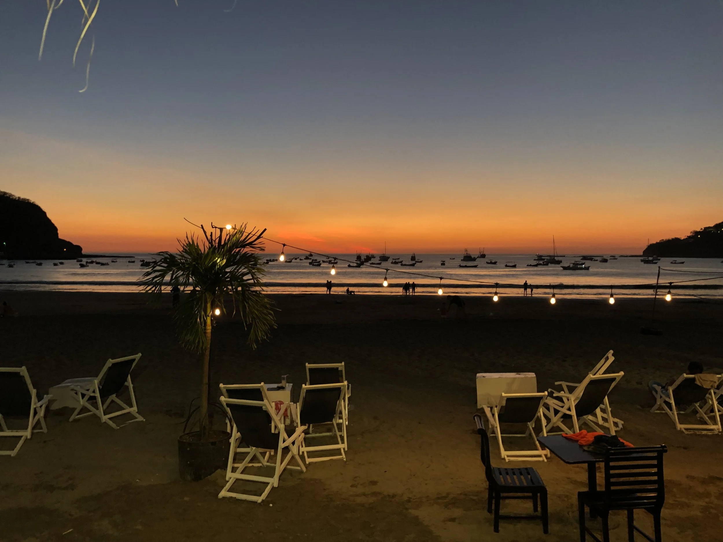 San Juan del Sur beach view. We sat here and ate the fish we caught earlier that day