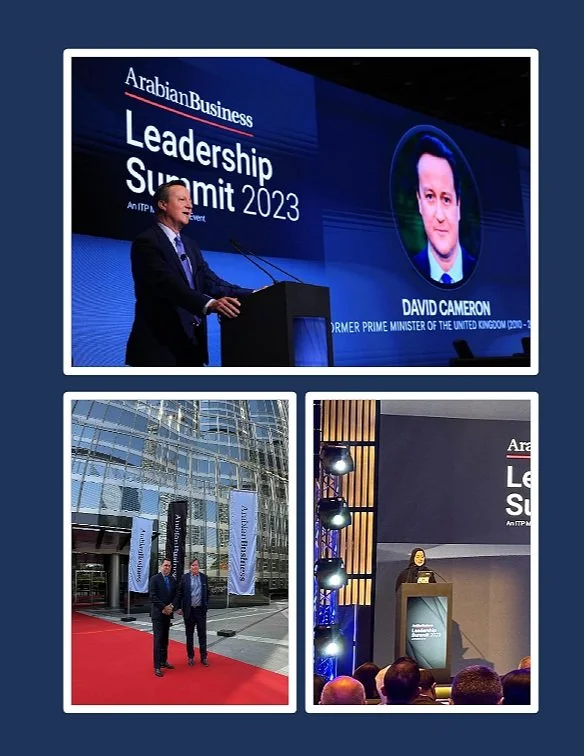 Sense Strategy's Founder &amp; CEO, Former UK PM Lord David Cameron and H.E. Huda Al Hashimi at the Arabian Business Leadership Summit 2023