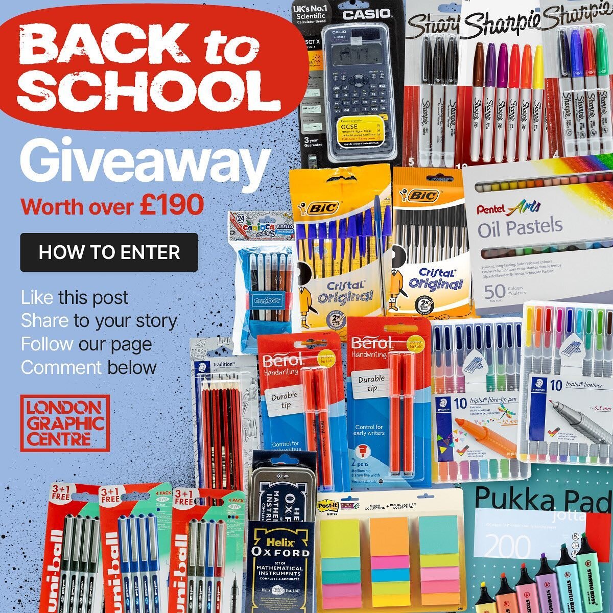 COMPETITION TIME 👀 To celebrate our back to school range, we&rsquo;re giving away over &pound;190 worth of gifts 🎁 😍Here&rsquo;s how you enter:
1️⃣ Like this post 
2️⃣ Share it to your story 
3️⃣ Follow @londongraphiccentre 
4️⃣ Comment below once