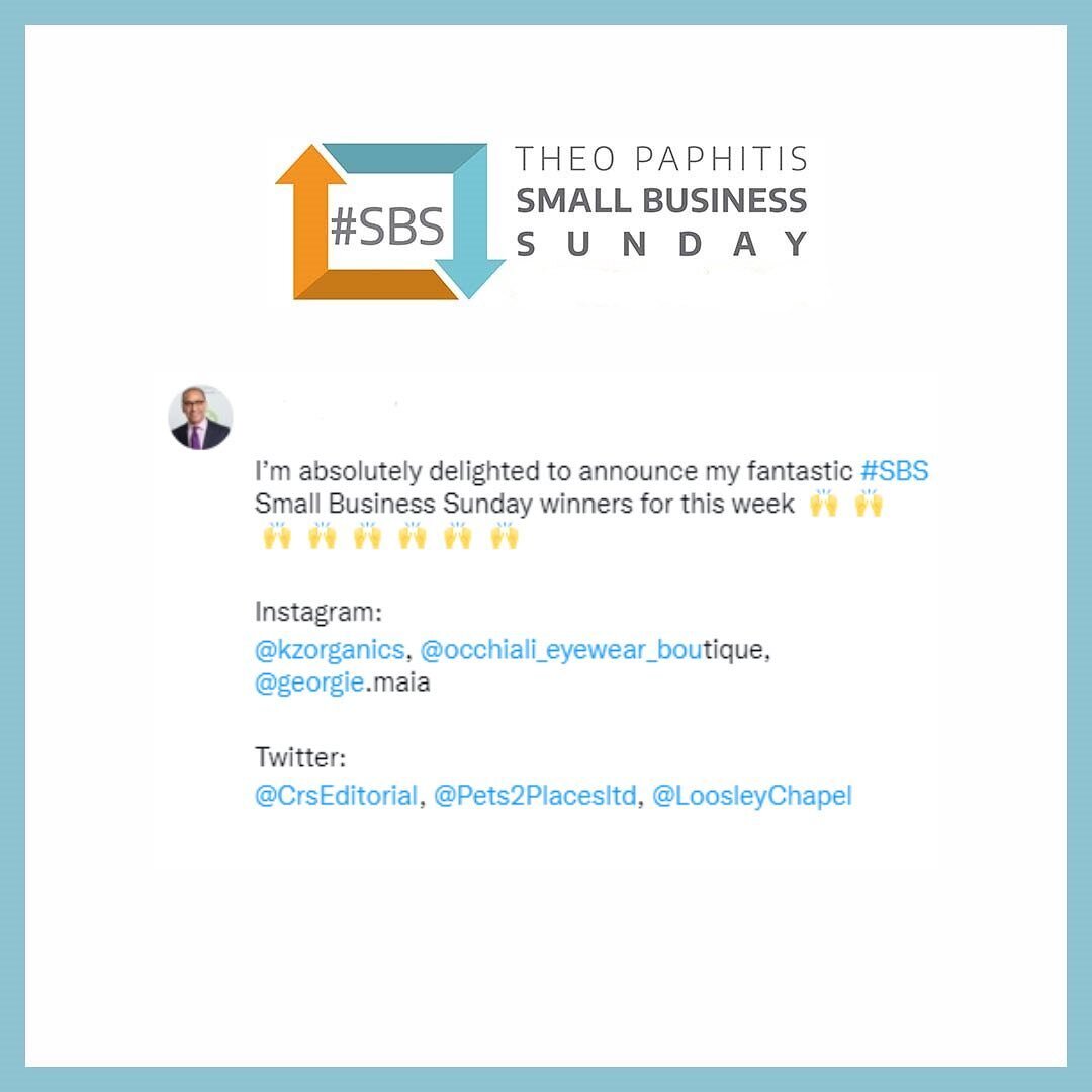 I&rsquo;m absolutely delighted to announce this week&rsquo;s fantastic #SBS Small Business Sunday Instagram winners !

@kzorganics
@occhiali_eyewear_boutique
@georgie.maia

🙌 Welcome with a repost 🙌

Make sure to check out my Twitter to find out mo