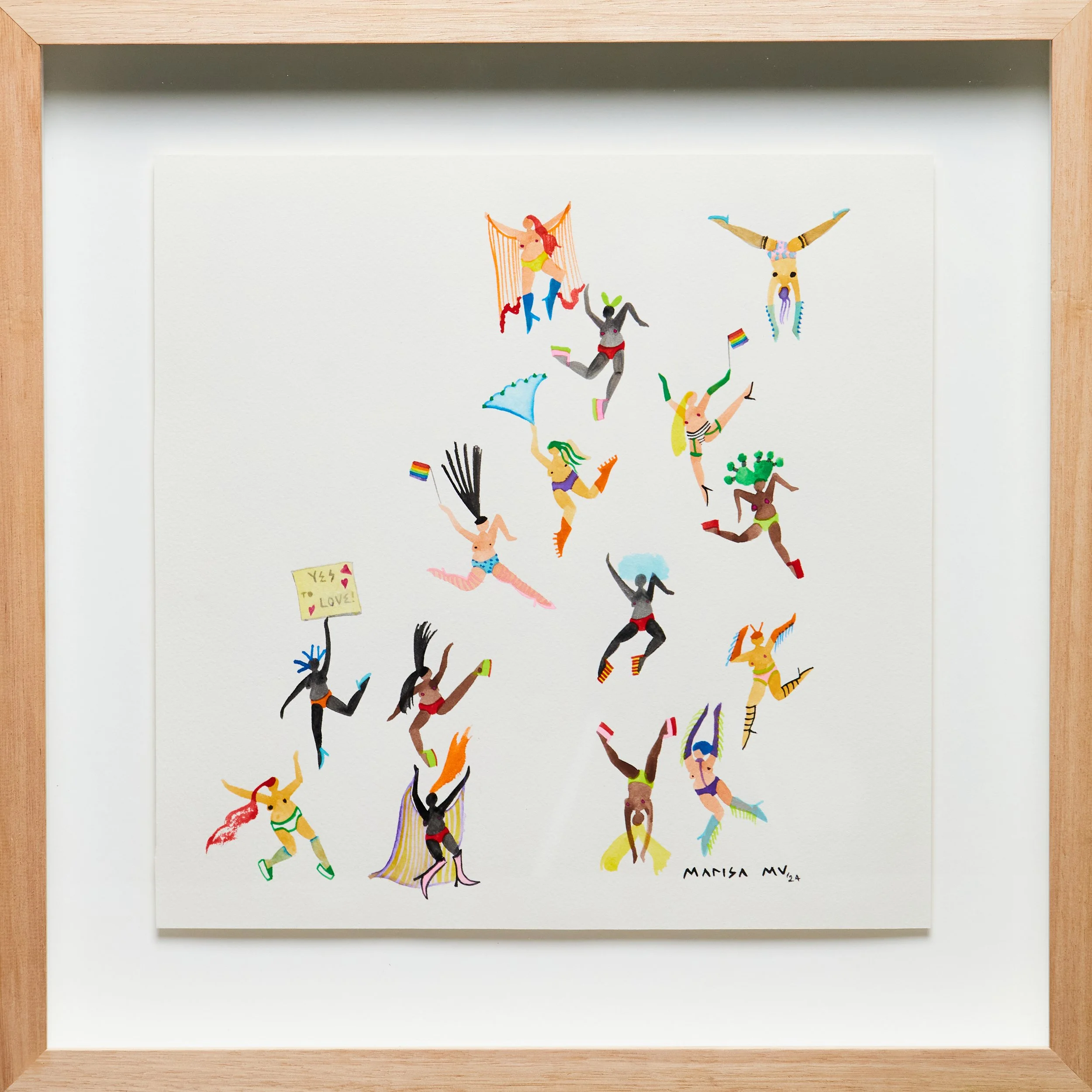 Original Marisa Mu 'YES TO LOVE' custom framed in Tasmanian Oak, 43cm x 43cm