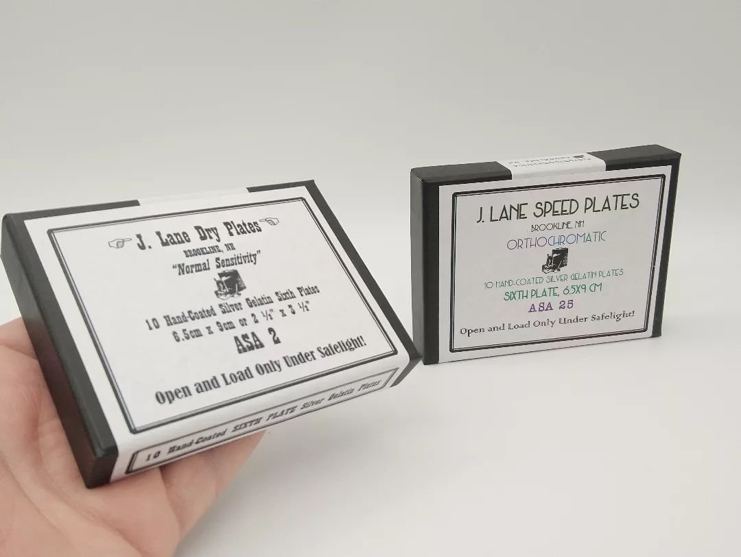 J Lane Dry Plates back in stock! Including, for the first time, 6.5x9cm / Sixth Plate (2&frac12;x3&frac12;&quot;). Actual size 63x88mm. Quarter plate, half plate, whole plate in stock in both speeds too. 4x5&quot; estimated for August/September. Inte