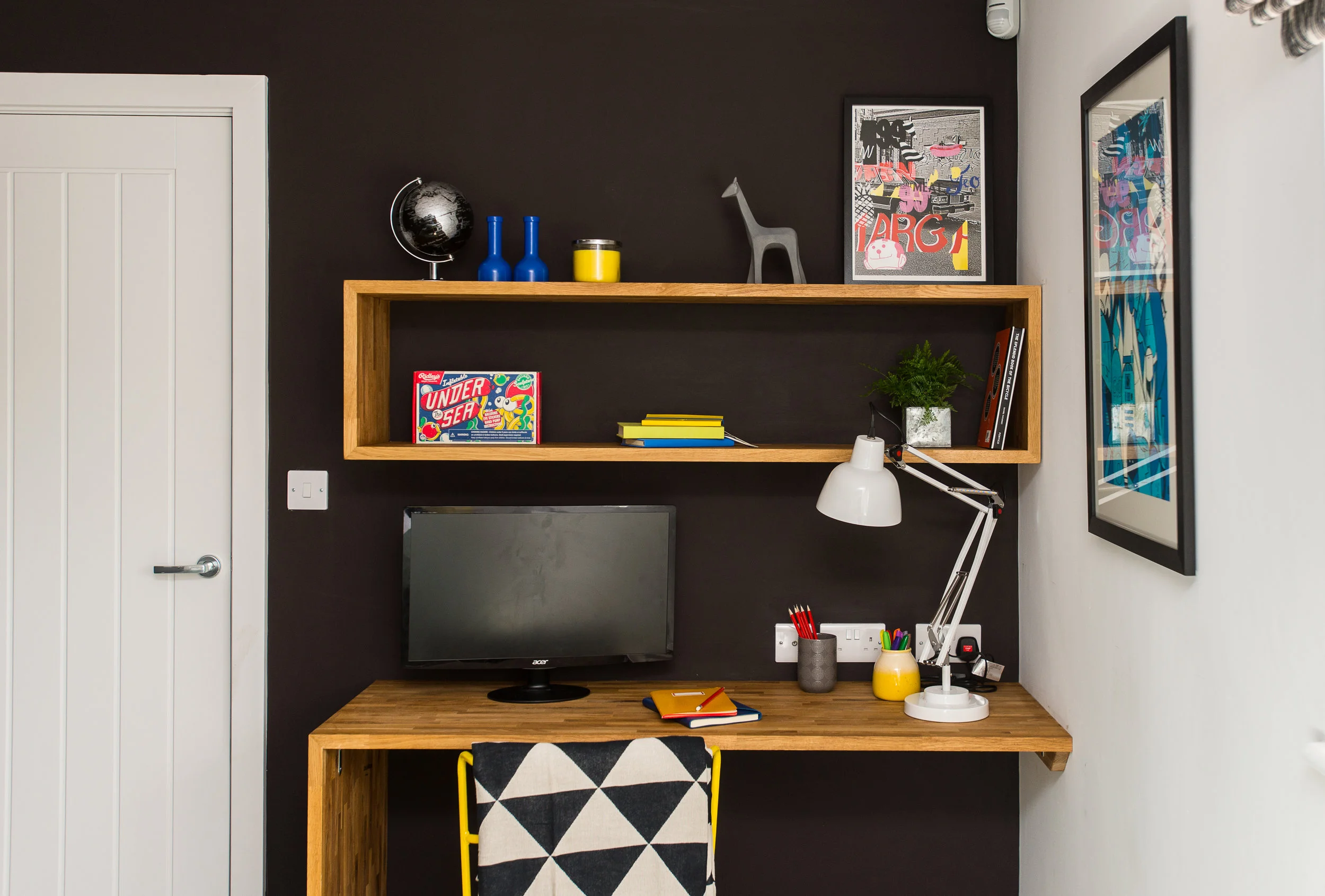 Teenage desk space with oak desk and shelving