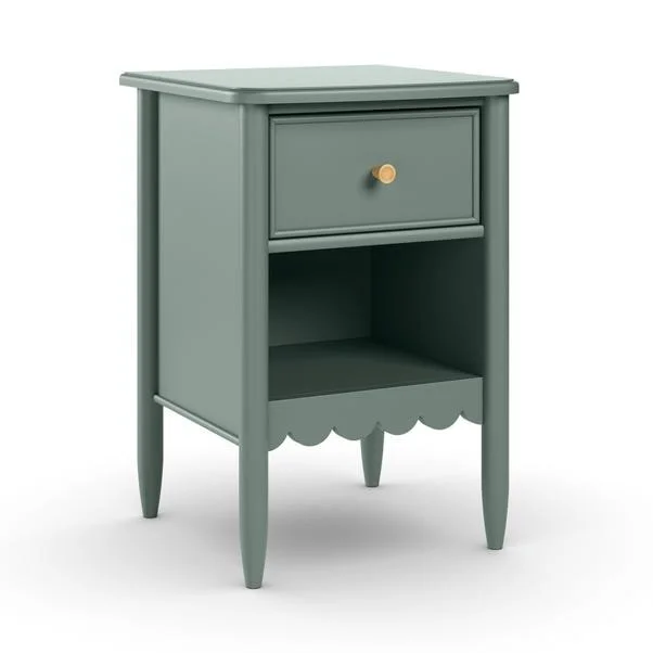 Sage Green bedside table with one drawer and scallop base