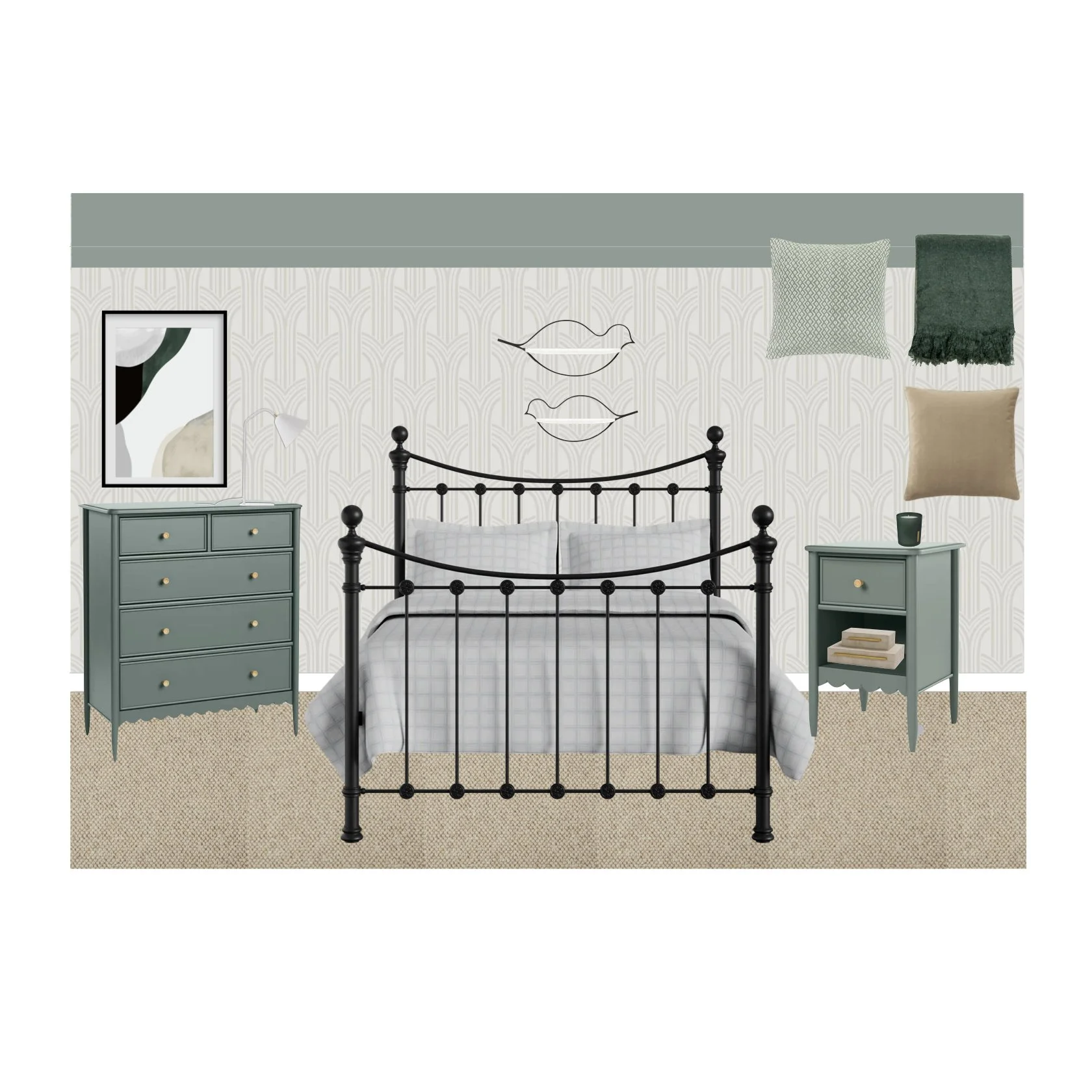 Interior design moodboard showing a green bedroom with light grey art deco wallpaper, a black metal bed in the centre and green bedside tables with a matching green ceiling