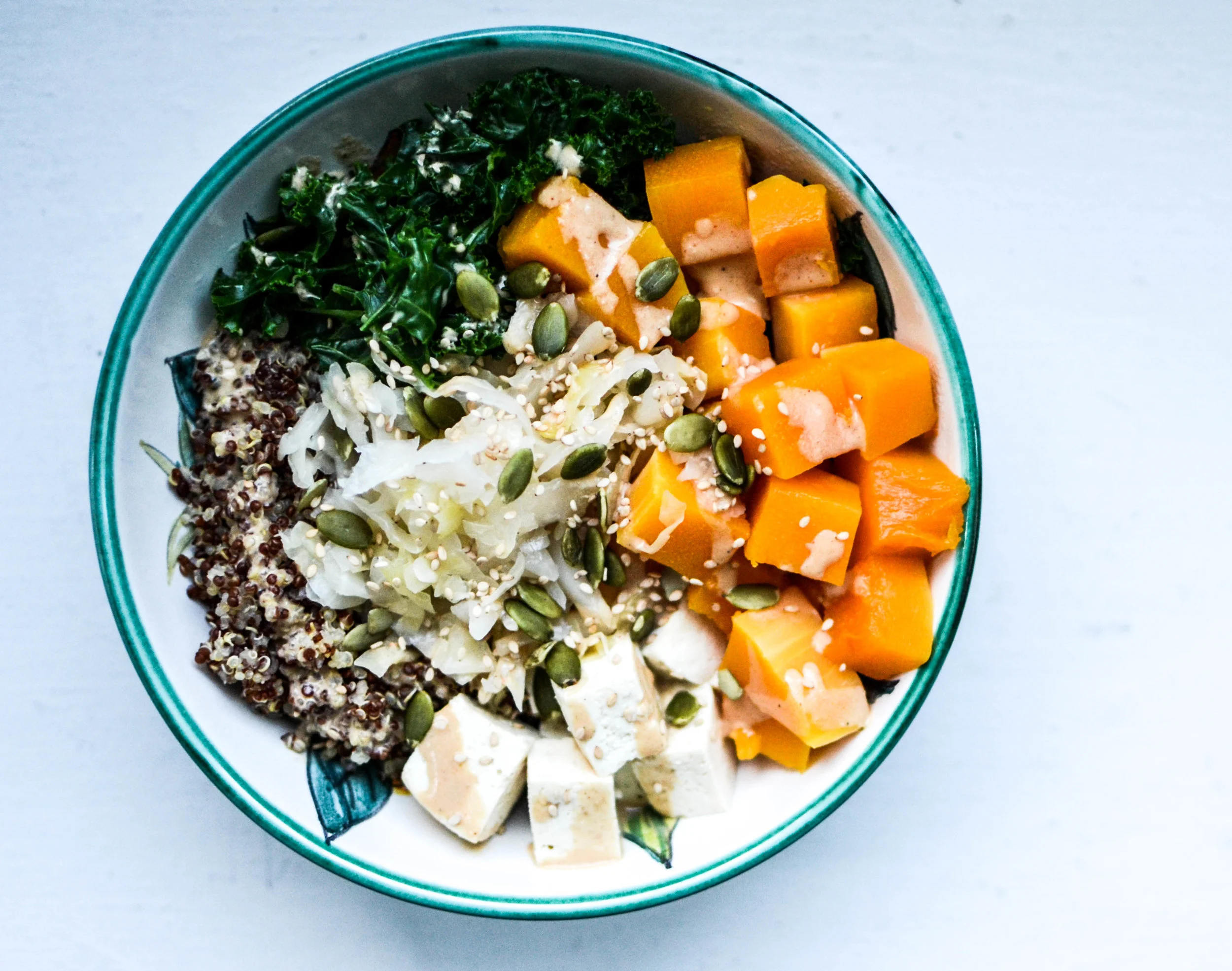 butternut + tofu macro bowl with sauerkraut and misotahini sauce — Plant Praise