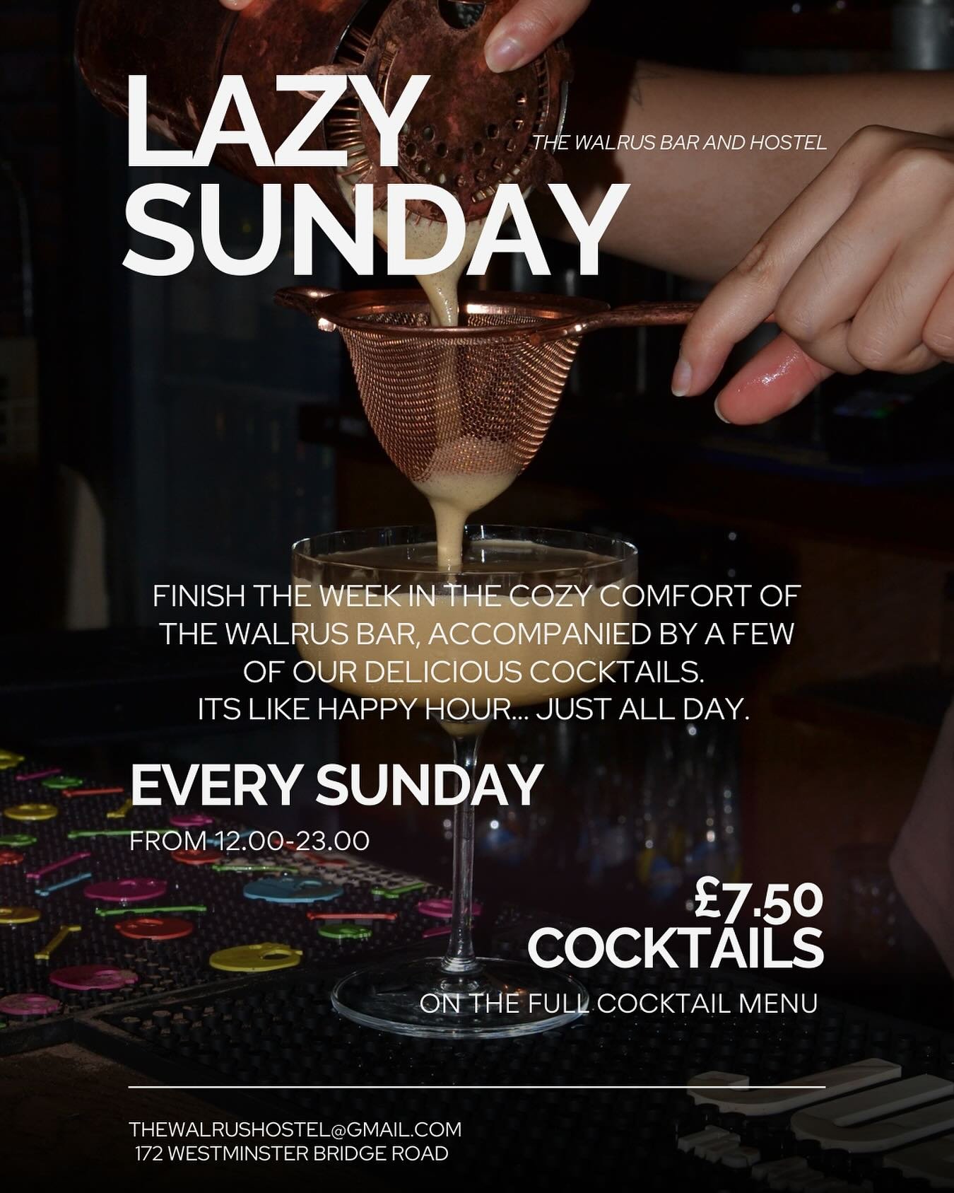 Sundays are for Roasts, Jazz and Taking it slow! Well while we don&rsquo;t do food* we are EXPERTS IN being chill!!!!!! Join us today in the cozy Walrus Bar for our all day happy hour and sip on some of the most delicious cocktails Waterloo has to of