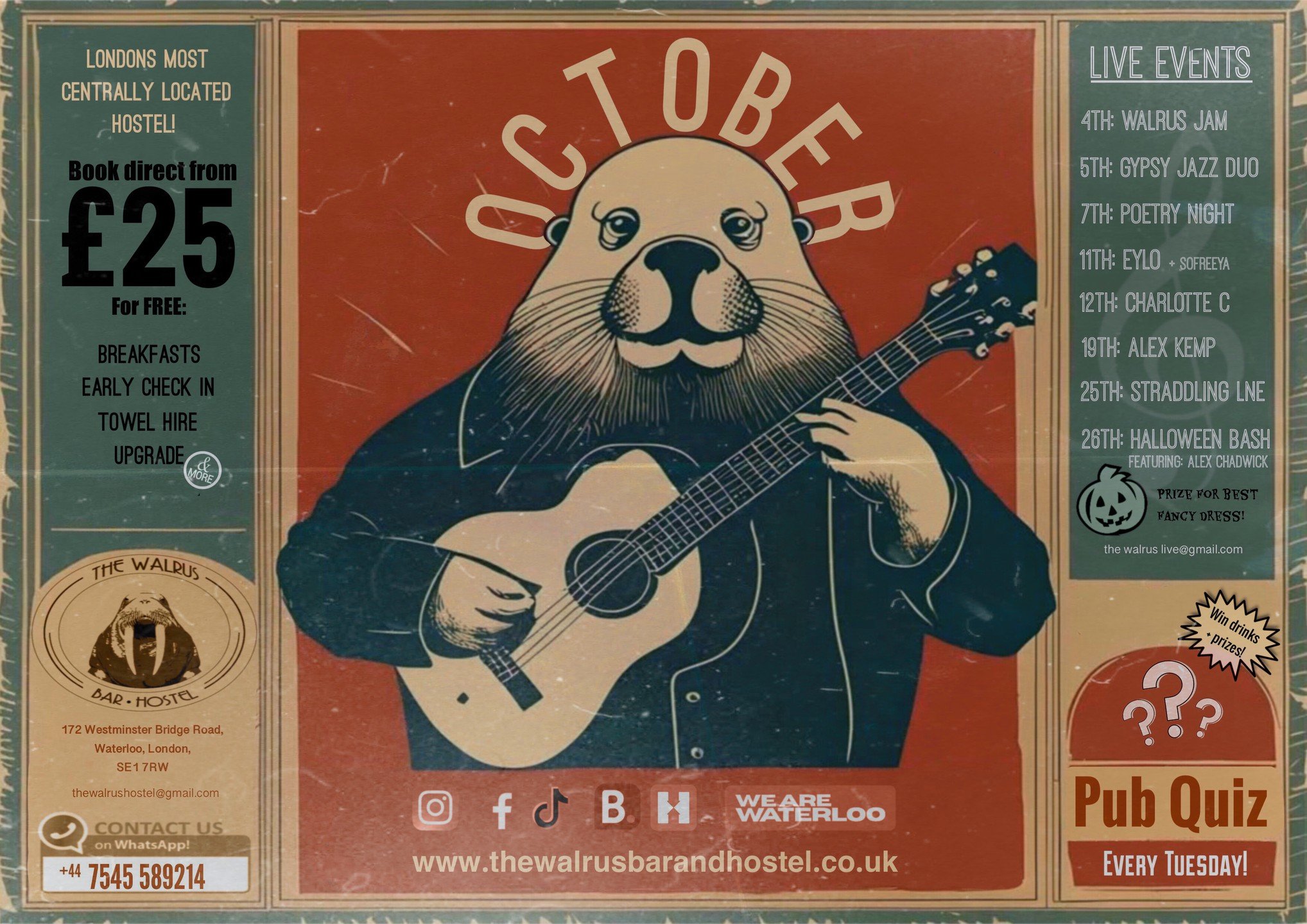 Join us this month for live music, poetry, pub quiz and our Halloween Bash! Open from 12:00pm - late every day. #hostellife #londonhostels #livemusiclondon #londonbars