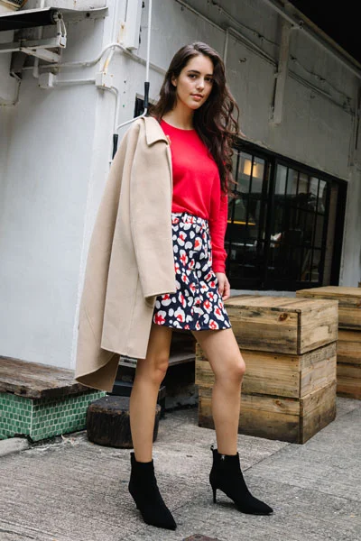 CAMEL COAT: HK$2900 100% cashmere, hand stitched, no lining MOD BUTTONED MINI SKIRT: HK$900 100 % cotton RED CASHMERE SWEATER By www.sunday-stories.com