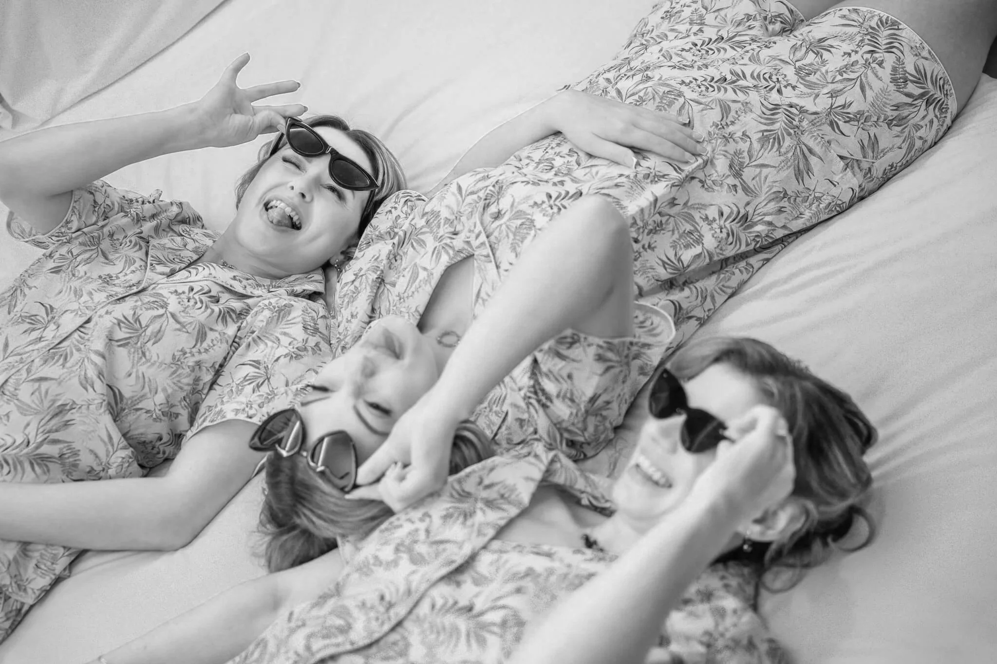 bridesmaids in matching organic cotton pyjamas sunglasses
