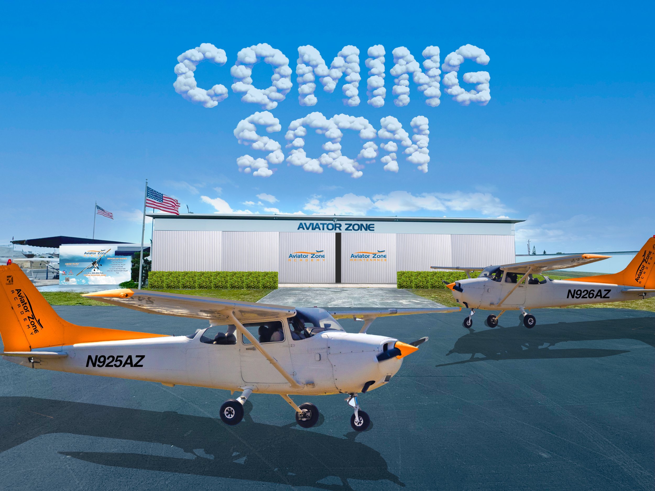 Promotional image of new location with hangar and airplanes.