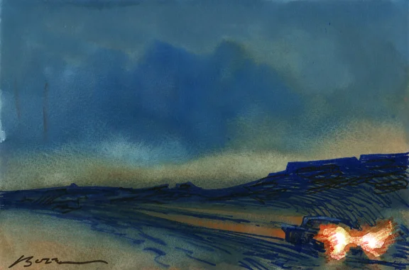T-Bird On The Move South Of Perfume Pass, original gouache painting, 6”h x 9”w PRICE: $300