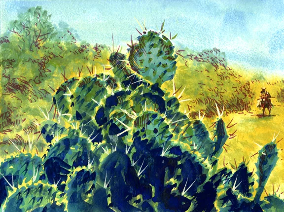 Mickey Rides Through The Cactus, original gouache painting, 9"h x 12"w. PRICE: $400