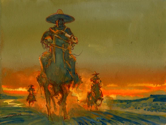 Red Dust Riders, original gouache painting, 9"h x 12"w PRICE: $400