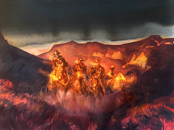 A Cold Ride Into Hell, original gouache painting, 24"h x 18"w PRICE: $1,250