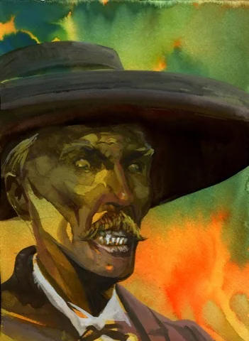 Doc Enraged (At The OK Corral), original gouache painting, 14.5" x 10.5", FRAMED = $625