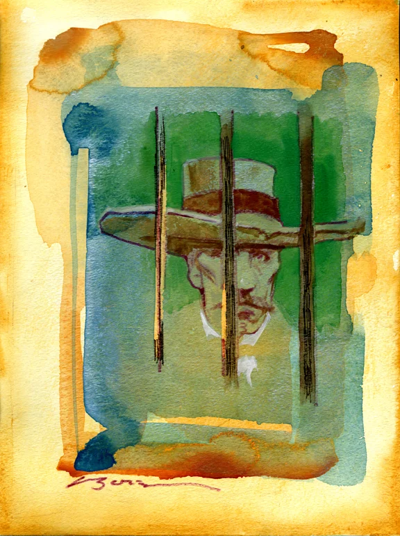 Doc Behind Bars, original gouache painting, image 12" x 9", FRAMED = $525