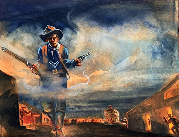 Billy The Kid Walks Thru The Smoke On The Deadliest Street In America, original gouache painting, 16"h x 20"w, PRICE: $1,250