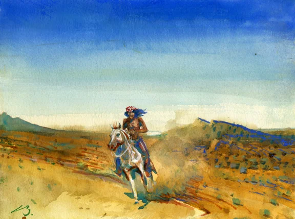 Rides Like An Apache 2.0, original gouache painting, 9"h x 12"w PRICE: $400