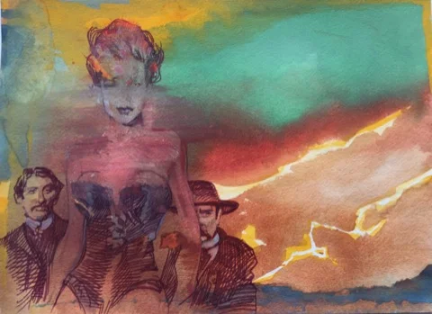 Josephine "Sadie" Marcus Earp With Johnny Behan And Wyatt Earp, original gouache painting, 11"h x 15"w PRICE: $525