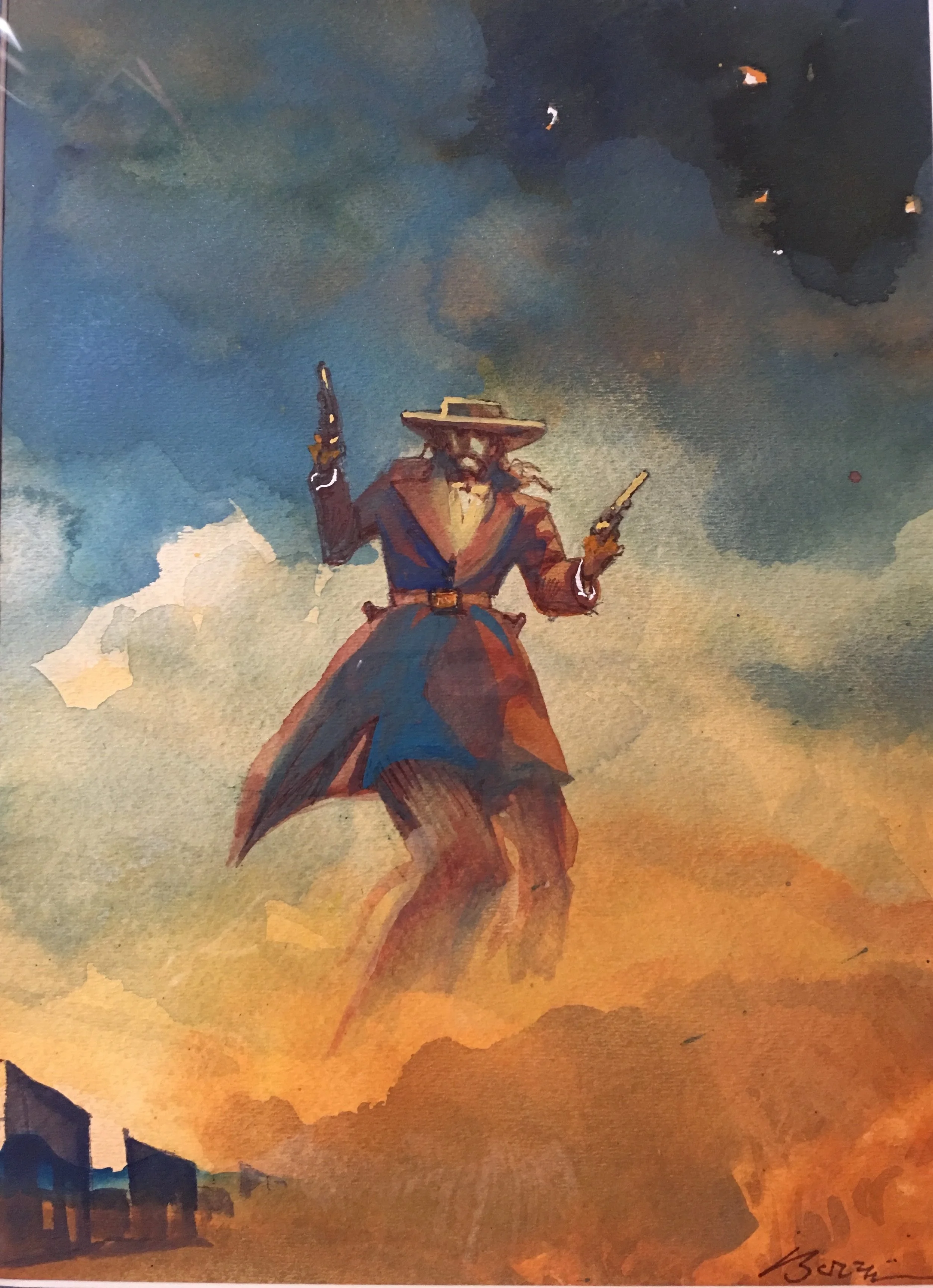 Wild Bill Looms Large Series, original gouache painting, 12"h x 9"w, FRAMED 19'h x 16"w PRICE: $525