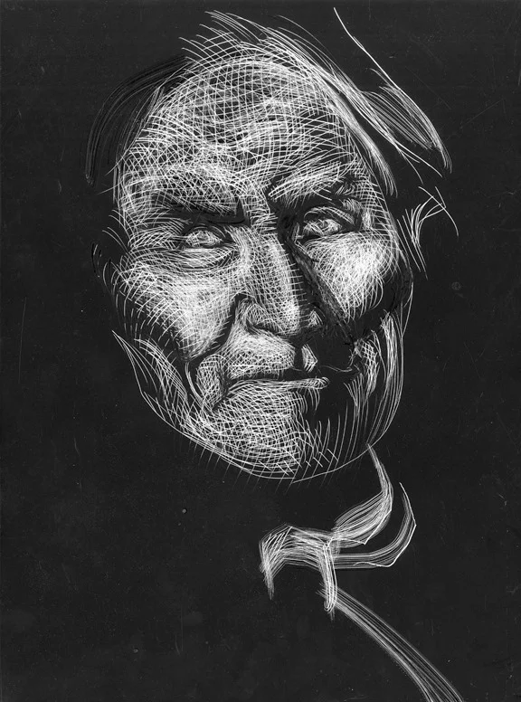 Gentle Geronimo, original illustration on scratchboard, 12"h x 9"w. PRICE: $400