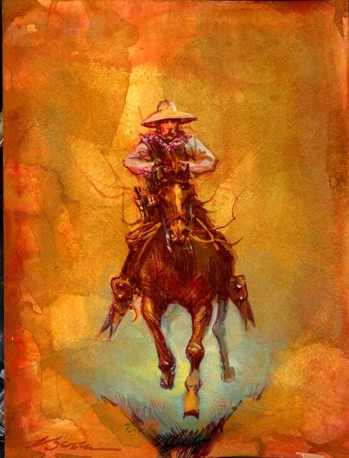 SOLD! Cowboy Ground Zero Straight-up Remington Final, original gouache painting/cover of TW Magazine December 2013, 12"h x 9"w, FRAMED: 22"h x 18"w PRICE: $1,250