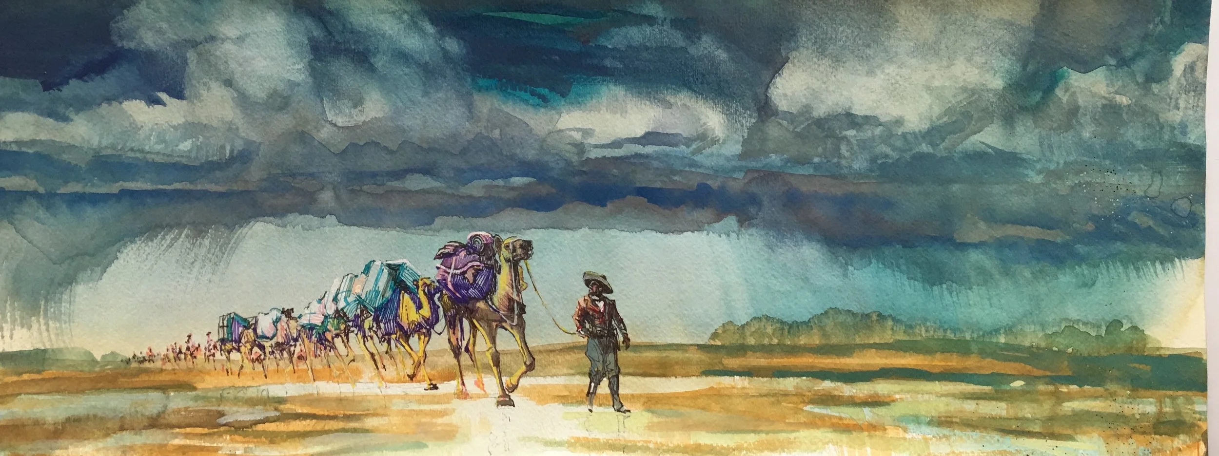Camel Caravan, original gouache painting, 9.5"h x 24"w PRICE: $750
