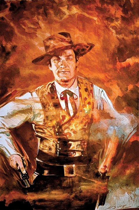 Hugh O'Brian In Smoke, original gouache painting, 10"h x 8"w, FRAMED: 20"h x 16"w PRICE:: $425