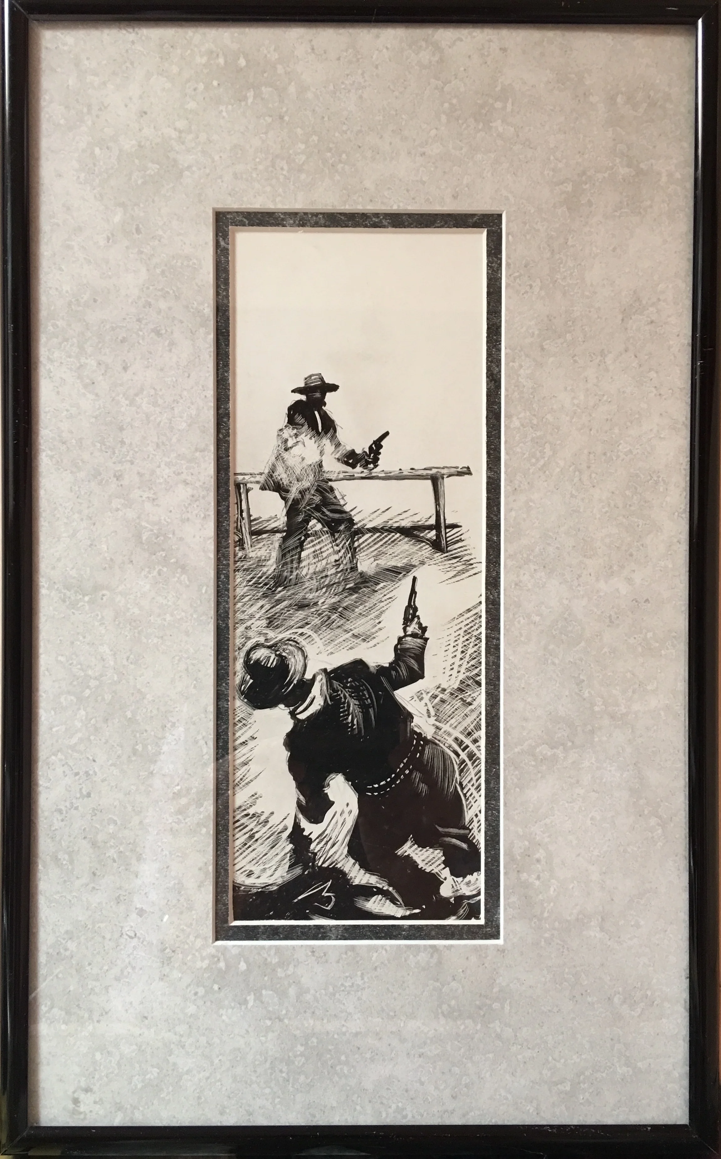 Hitching Post Gunfight, original illustration on Scraper Board, 9.5"h x 3.5"w, FRAMED: 15.5"h x 9.75"w PRICE: $425