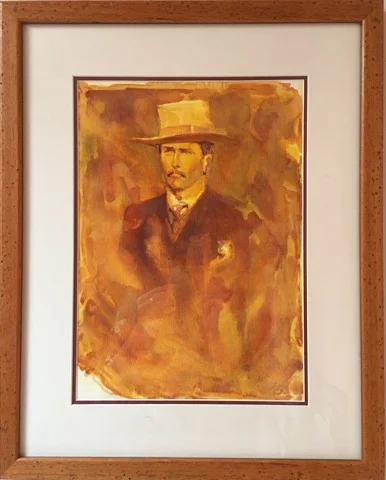 The Lawdog, original gouache painting, 14.5"h x 10"w, FRAMED: 21.5"h x 17.25"w PRICE: $625