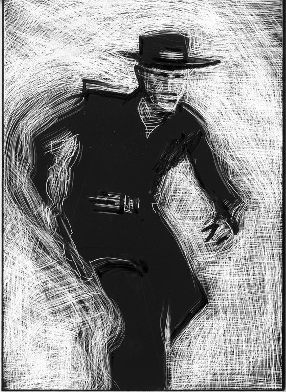 Big Iron On His Hip, original illustration on Scraper board, 6.75"h x 4.75"w, FRAMED: 14.75"h x 12.75"w PRICE: $500