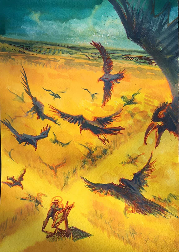 A Murder Of Crows, original gouache painting, 15"h x 11"w PRICE: $525