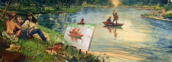 The Come On, original gouache painting, 11.5"h x 30"x, FRAMED: 22.5"h x 41.5"w PRICE: $2,500