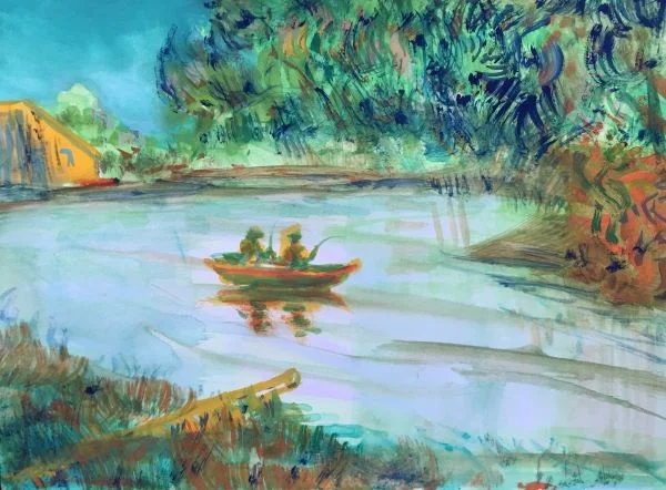 Secretan Boys Fishing Study, original gouache painting, 9"h x 12"w PRICE: $400