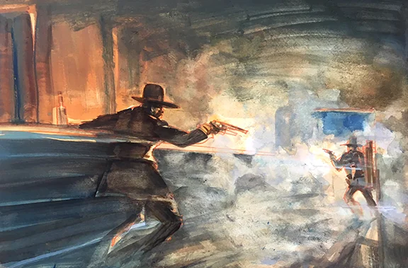 Shooting At Ghosts In The Tunnel Saloon, original gouache painting, 12"h x 18"w PRICE: $750