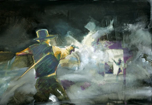 Shooting At Ghosts In The Tunnel Saloon #2, original gouache painting, 12"h x 18"w PRICE: $750
