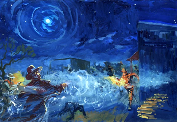Starry Starry Fight, original gouache painting, 12"h x 18"w PRICE: $750