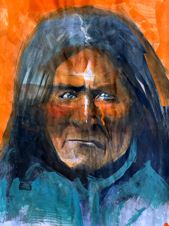 Geronimo's Red Tear, original gouache painting, 17"h x 11" w PRICE: $600