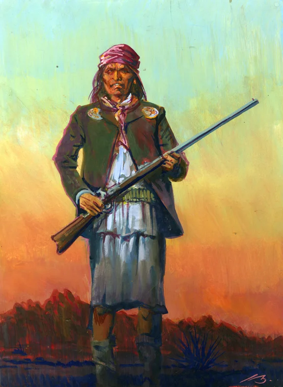 Geronimo In Sunset, original gouache painting, 14"h x 10.5"w PRICE: $550